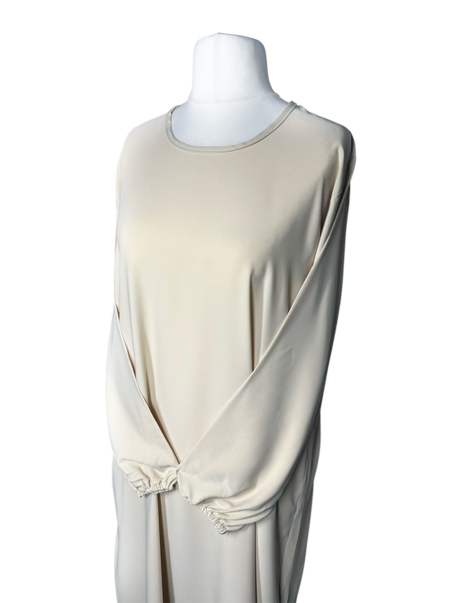 Cream Plain abaya with elasticated cuff sleeves