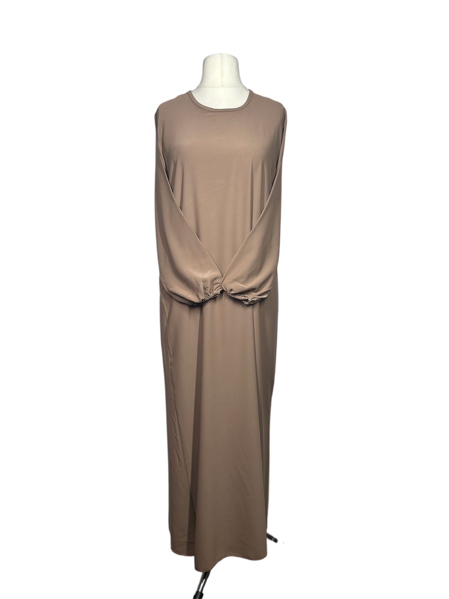 Coffee Plain abaya with elasticated cuff sleeves and Belt