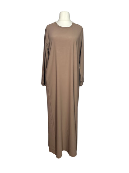 Coffee Plain abaya with elasticated cuff sleeves and Belt