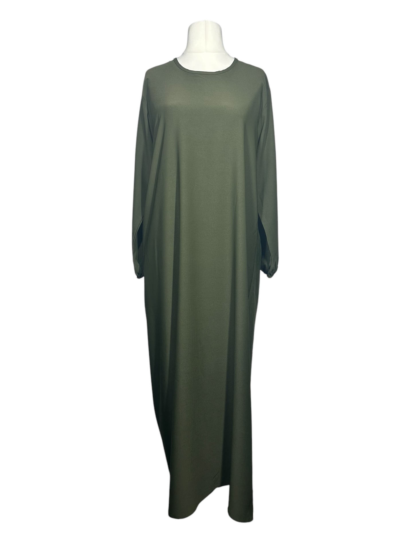 Olive green Plain abaya with elasticated cuff sleeves