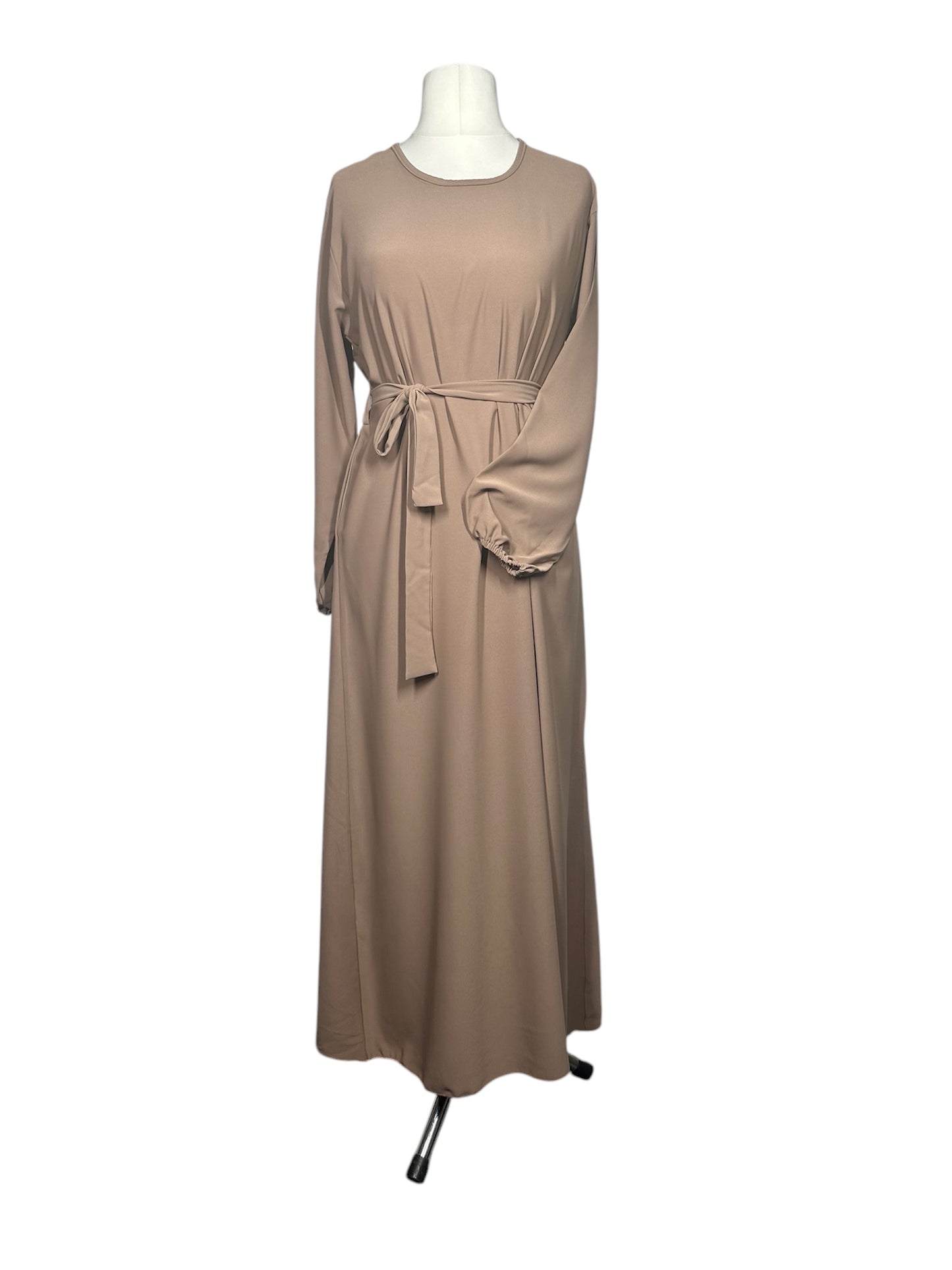 Coffee Plain abaya with elasticated cuff sleeves and Belt