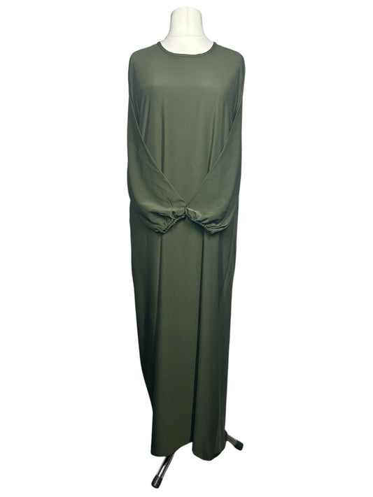 Olive green Plain abaya with elasticated cuff sleeves