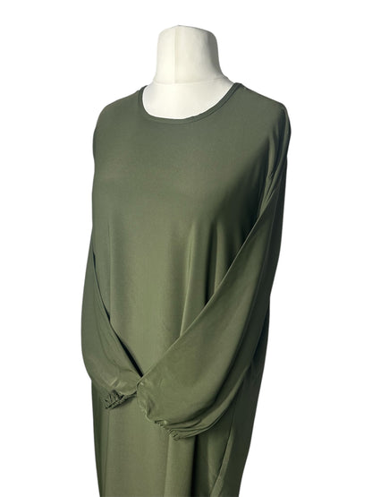 Olive green Plain abaya with elasticated cuff sleeves