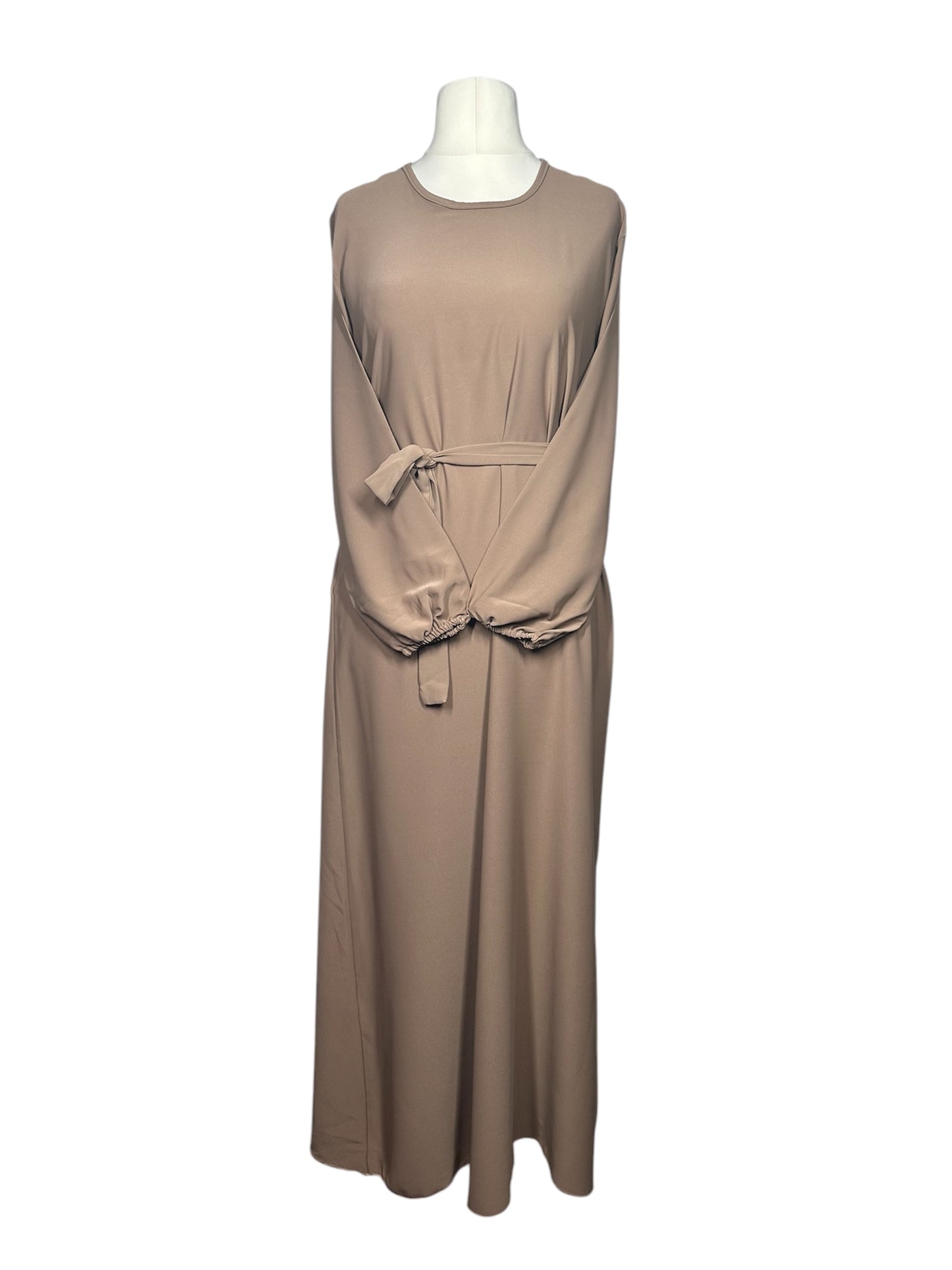 Coffee Plain abaya with elasticated cuff sleeves and Belt