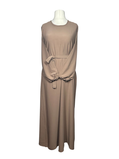 Coffee Plain abaya with elasticated cuff sleeves and Belt